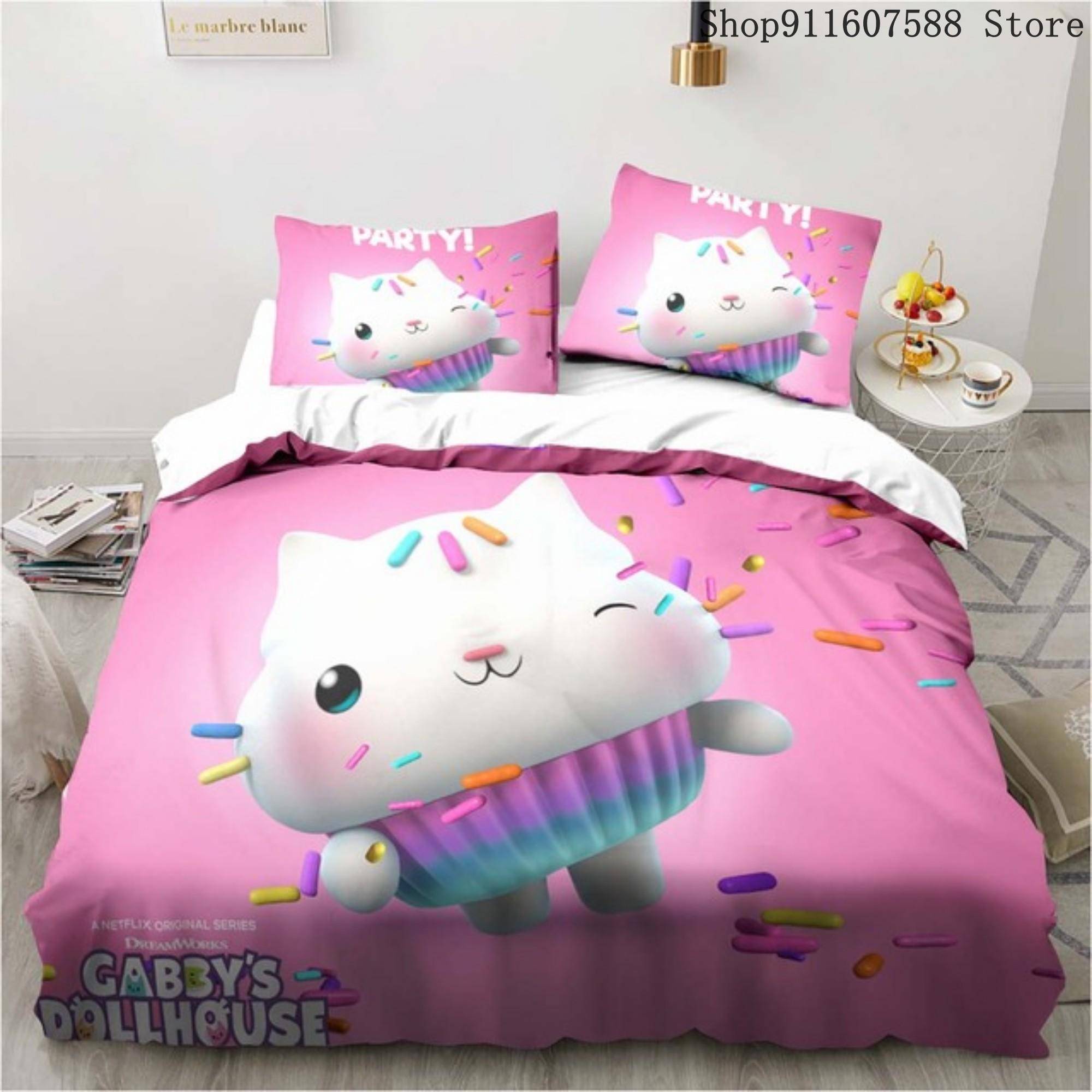 Gabbys dockhus Sängklädesset Kawaii Sänglinneset Enkel Dubbel Storlek Heminredning För Flickor Barn Tecknad Söt Katt Påslakanset AU Single140x210cm