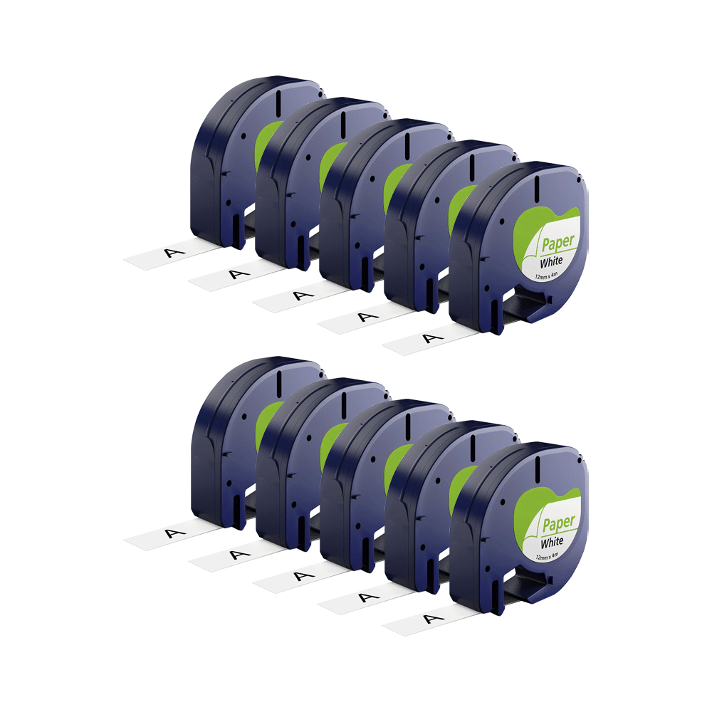 Rabatpakke - 10 stk Dymo 91200 | 91220 sort på hvid papir tape Kompatibel 12 mm x 4 m