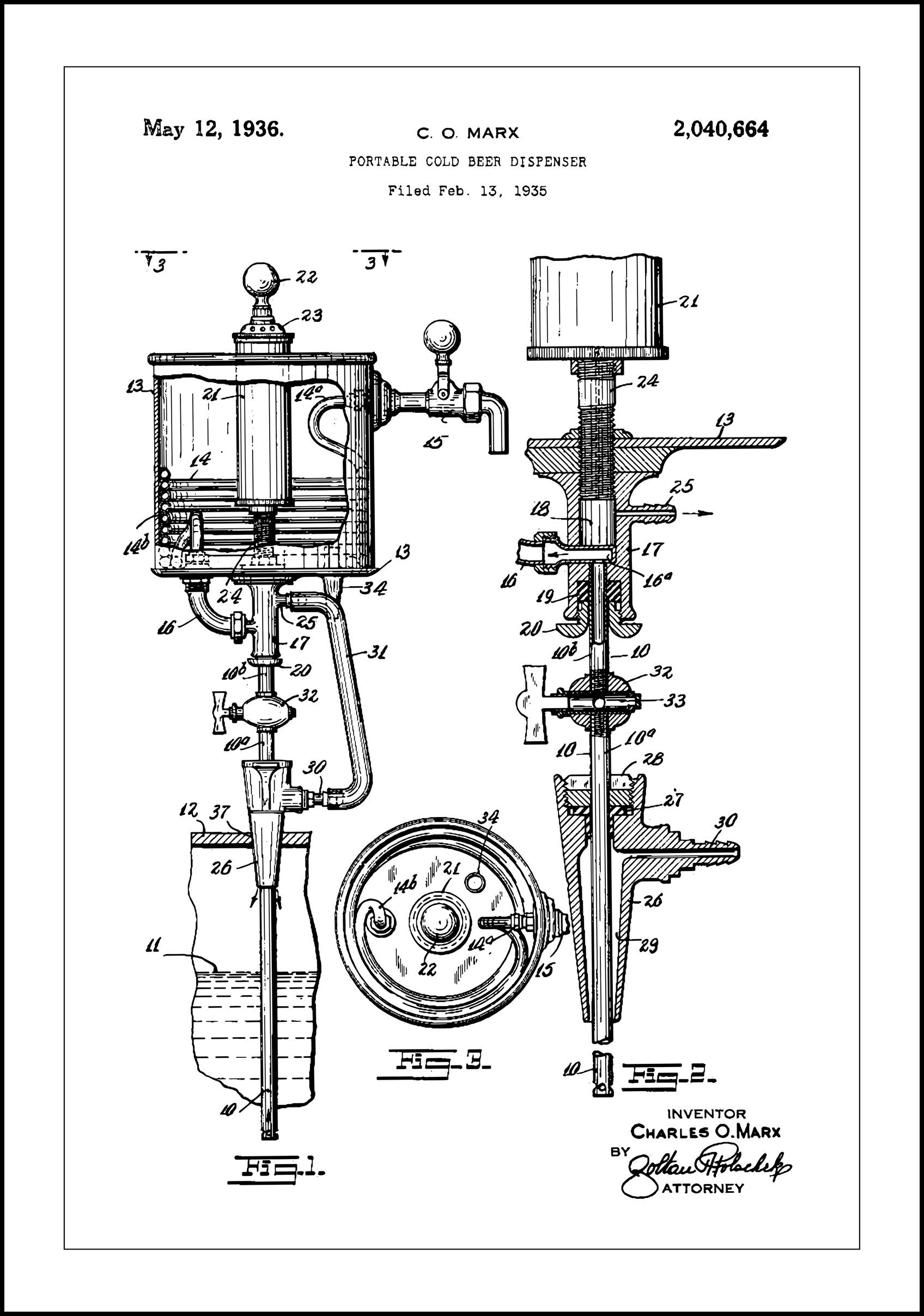 Patent Print - Portable Cold Beer Dispenser - White Poster (21x29.7 cm (A4))