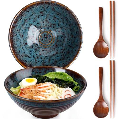 NUTRIUPS 1 200 ml keramisk ramen-skål set med 2 nudelskålar med ätpinnar och skedar (påfågelsvans)