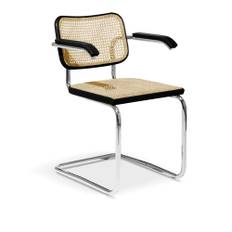 Knoll - Cesca Chair with Arms, Satin Black Stained - Spisebordsstole - Marcel Breuer - Beige,Sort - Metal/Træ