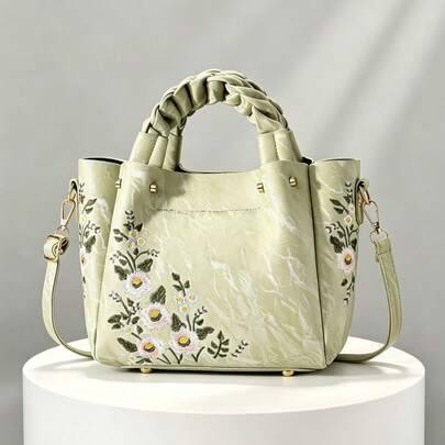 Damers grön blomsterbroderad totebag, crossbody-handväska i konstläder, flätat topphandtag, axelväska