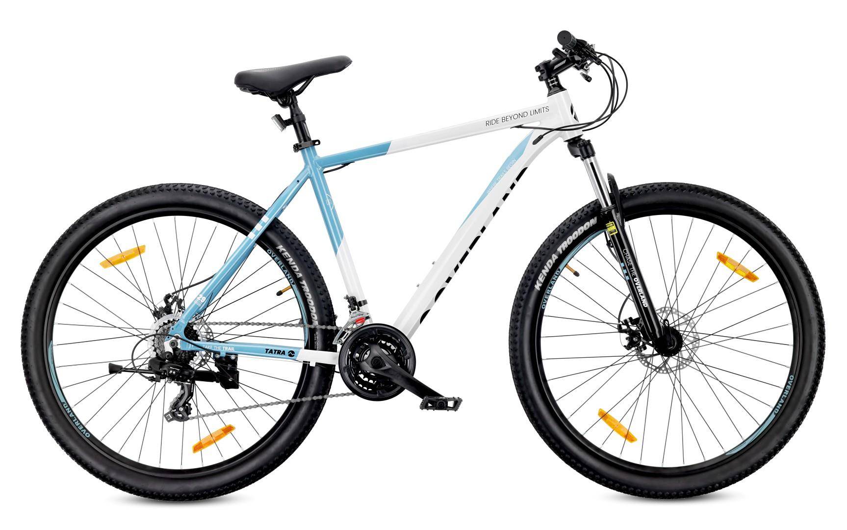Mountainbike MTB 29 tum Kenda Shimano Aluminium Lätt 21 Växlar Dämpare Skivbromsar Ram L 21 tum Tatra Bikes Overland Vit Blå