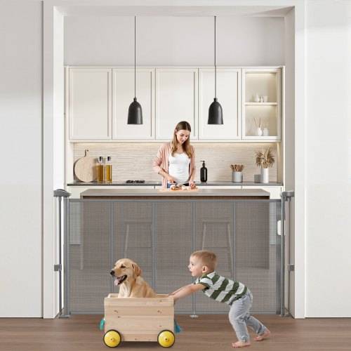 VEVOR Retractable Baby Gate, 870 mm Tall, Extends up to 1400 mm Wide, Retractable Gate for Kids or Pets, Mesh Material, Easy to Install for Indoor Stairs, Doorways, Hallways, Playrooms, Gray