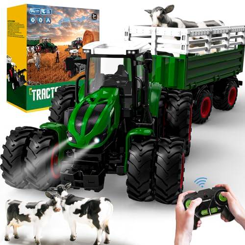 PENGBU fjärrstyrd traktor RC släpvagn med ljus och ko, idealisk julklapp för barn från 3 år