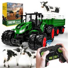PENGBU RC fjärrstyrd traktor fjärrstyrd, traktor med fjärrkontroll, fjärrstyrd traktor fjärrstyrd från 3 år, RC traktor med släpvagn, ljus och ko, julklapp för barn