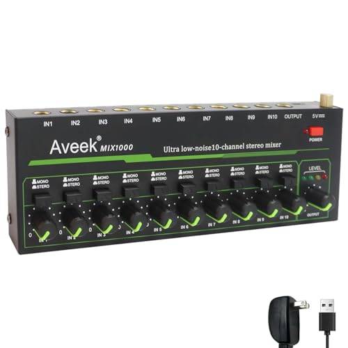 Aveek Mini Line Audio Mixer – 10 kanals liten ljudmixer med stereo/mono-växling och lågbrusdrift för precisionsdelblandning, 1/4 tum TRS-ingång/utgång idealisk för mikrofoner/gitarrer/bas/scen