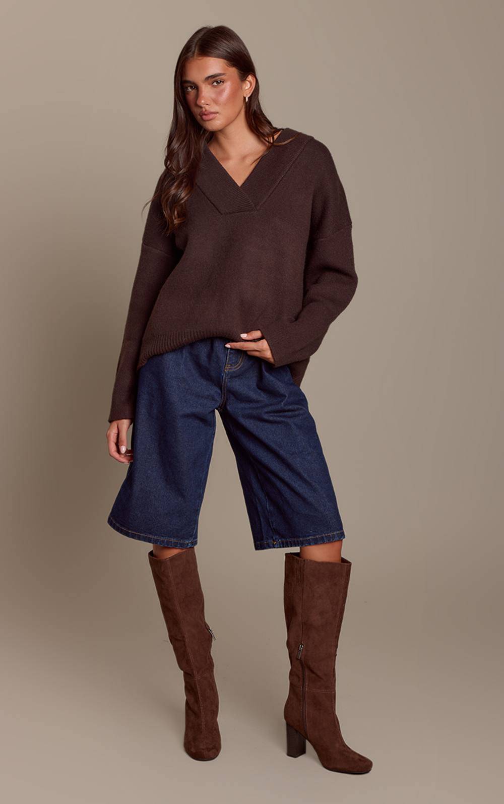Chocolate Faux Suede Round Toe Block Heel Knee High Boots - chocolate - 3