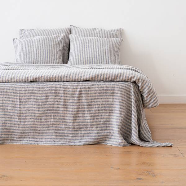Fladt lagen i hør, Indigo Naturlig, Ticking Stripe