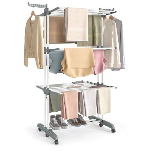 SONGMICS Torkställning, Hopfällbar, 4 Nivåer, Med Hjul, Stål | Klädställning, 125,5 x 63,5 x 172,5 cm, 41 kg, Inomhus och Utomhus, Vit, Bunji, LLR703WZ02