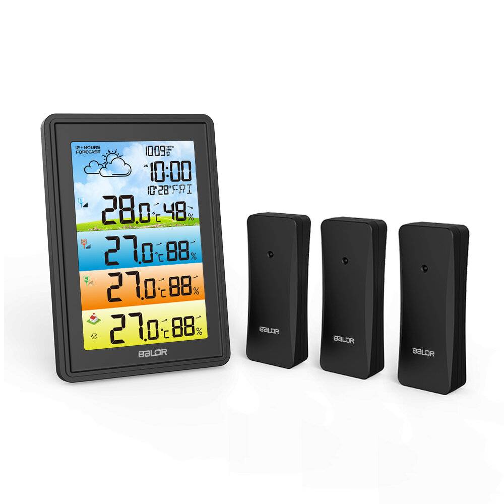 BALDR 3 Sensors Väderstation Trådlös Inomhus Ute Termometer med Alarmklocka / Kalender / Väderprognos