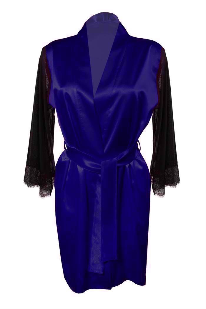 Satin kimono morgenkåbe m. sort mesh ærmer