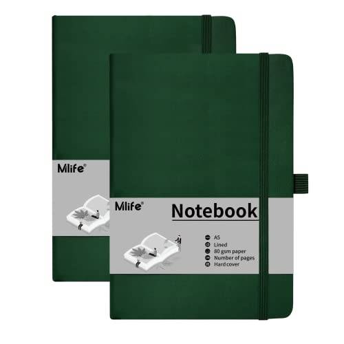 Mlife A5 Anteckningsbok, 2-Pack, 192 Sidor, 80 G/M² Tjockt Bläckresistent Papper, Anteckningsbok Med Hårt Polyuretanomslag, Innerficka, Elastiskt Band, Bullet Journal & Dagbok(Grön)