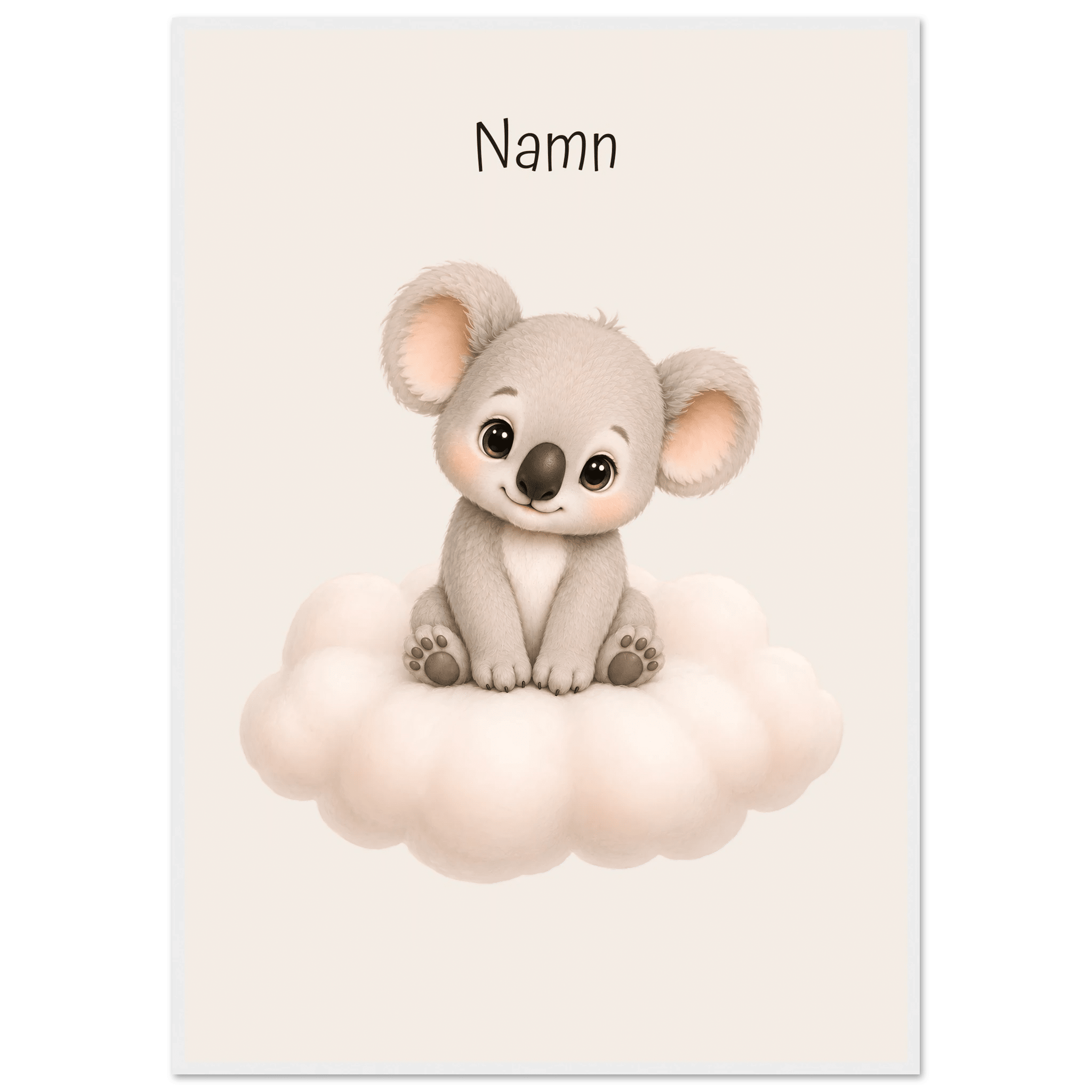 Koala på moln med namn-70x100 cm / 28x40″ / Med ram / Vit