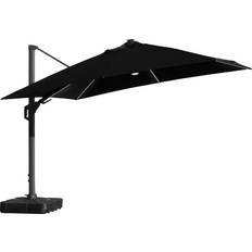 Hængeparasol 3,5x3,5m,fod,m/hjul,overtræk,LED,sort