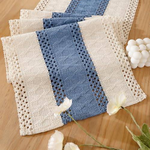 Modern Bordslöpare Linne Bomull Rektangulär Makramé Boho Vintage Bröllop Dekoration Bordslöpare för Bridal Shower Matbord 30 × 140 Vit Petroleumblå