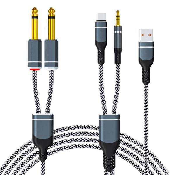 Svart och vit flätad multifunktions ljudkabel med laddning kompatibelt med USB-C och 3.5mm till 6.35mm dual split legeringskontakter HiFi för mixer oc
