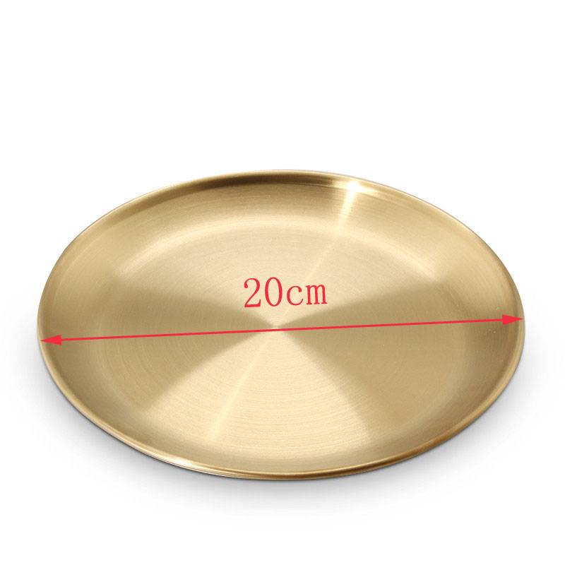 Guld gyllene silver koreansk 304 rostfritt stål rund biff sushi bröllop dessert tallrik bricka finish spegel bricka bbq servis fat - 20cm guld