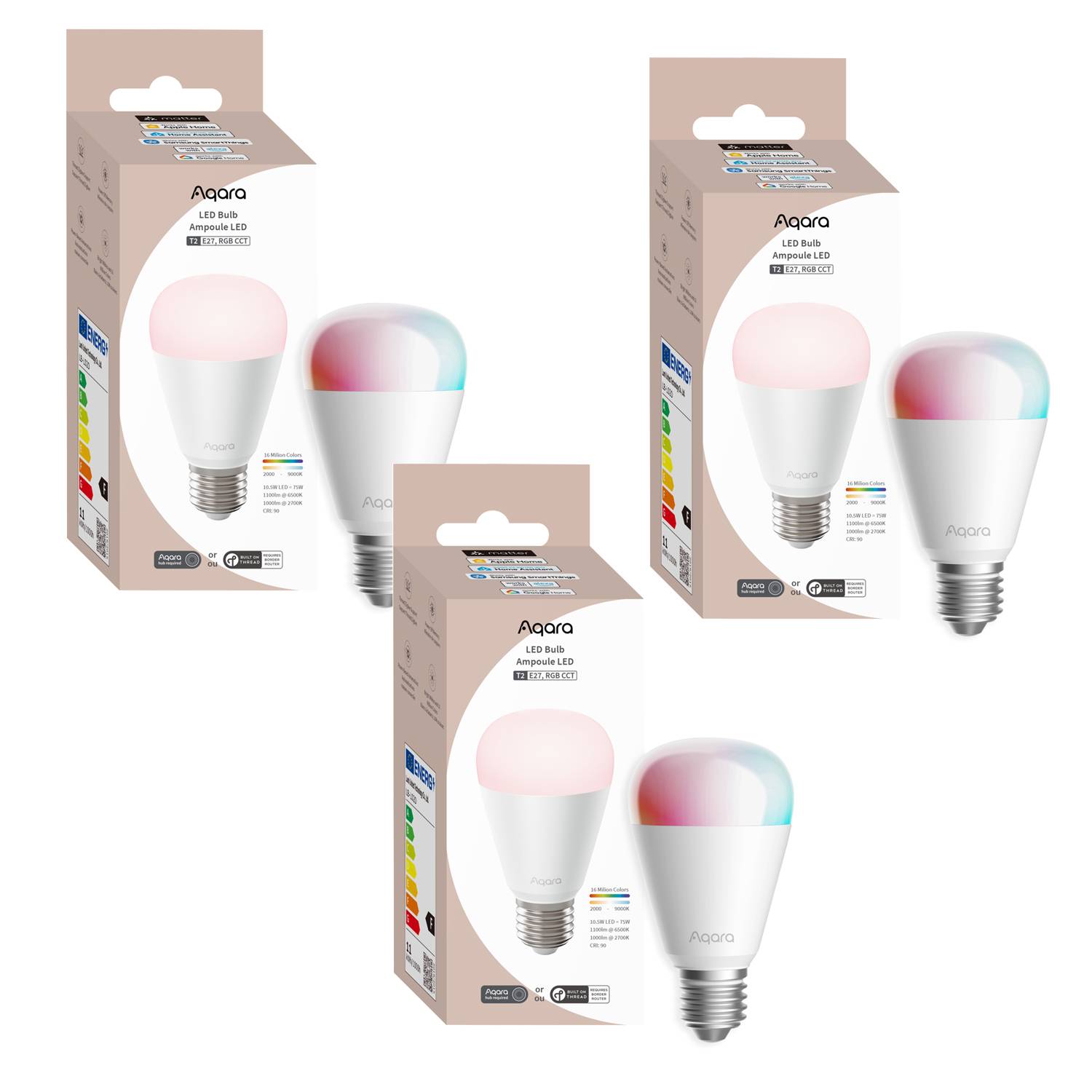 : Aqara LED Pære T2 (RGB + CCT, E27) – 3-pak Smart Pærer - Bundle