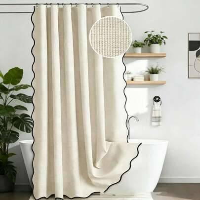 Vit/Beige/Blå/Rosa/Grå vågig kant duschdraperi, bohemisk stil linnetextur tjockt och hållbart duschdraperiset, elegant dekorativt tyg för badrumsdusch (180*180,200 cm * 200 cm,90 cm * 180 cm,180 cm * 200 cm,200 cm * 240 cm)