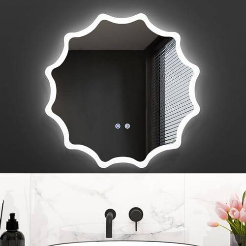 COSTWAY badrumsspegel med imskydd, spegelvärmare, vågdesign dimbar, badrumsspegel 3000 K–6500 K väggspegel 60 x 60 cm