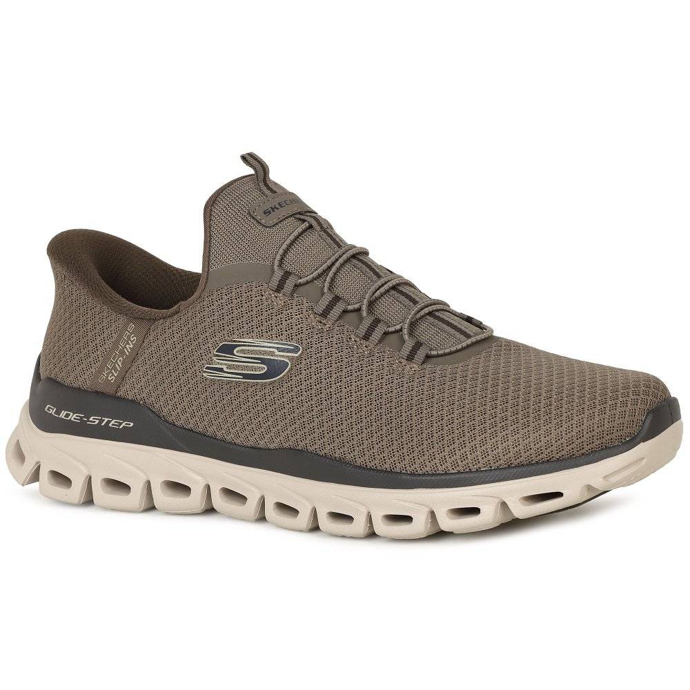 Skechers Slip In Glide Noxus Mens Trainers Colour: Brown/Taupe Tex, Size: 12