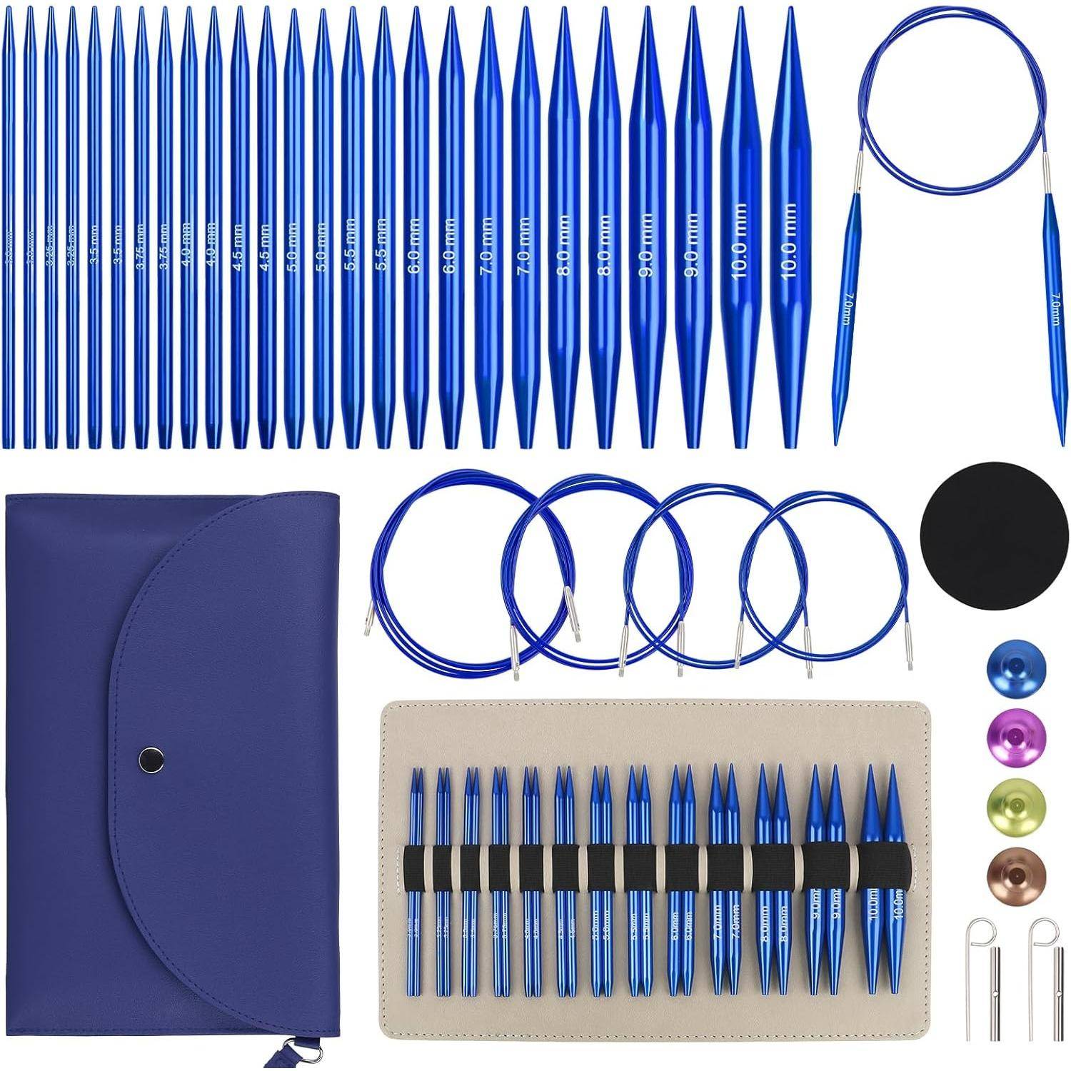 Rundstickor, Set med utbytbara rundstickor med fodral & tillbehör, 13 par runda stickor 3 mm-10 mm, Rund