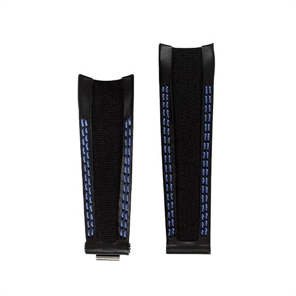 Romenta Sort læder urrem i Cordura fiber baseret stof, m. blå syninger, her 20 mm