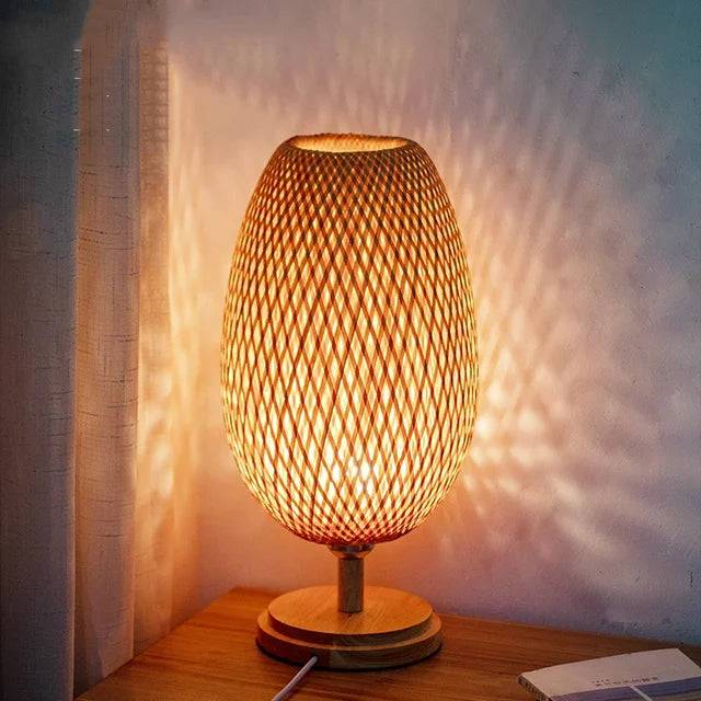 VintageBamboo - Vintage bordslampa i bambu - Stort träunderrede H48 cm * B18 cm