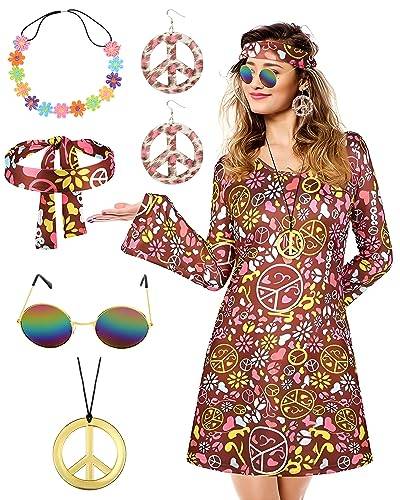BIQIQI 70-talet hippie-kostym set för kvinnor, med tillbehör, disco outfit, hippie-kostymkläder, 70-talet, 60-talet, kostym för kvinnor, vuxna, karneval, maskerad, halloweendräkt (L)