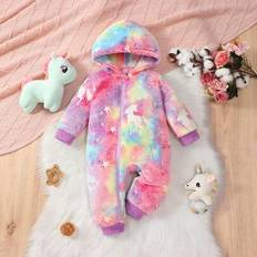 Baby Girl Luminous Unicorn Print Fleece Varm Outdoor Casual Jumpsuit, höst/vinter - Violet (6-9M,9-12M,12-18M,18-24M,3-6M)