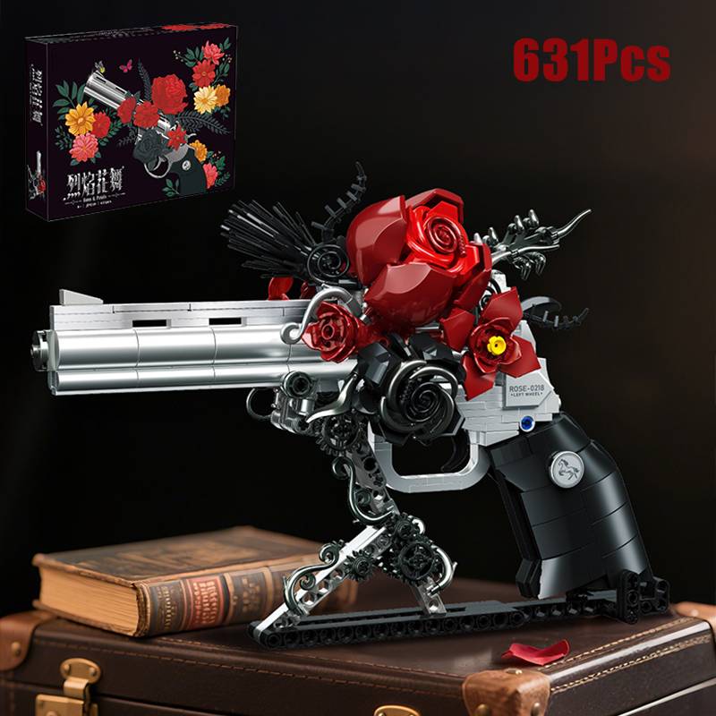 Technical Mechnical Rose Revolver Pistol Gun Building Blocks Military Red Flower Petal Gun MOC Bricks Assemble Toy Children Gift