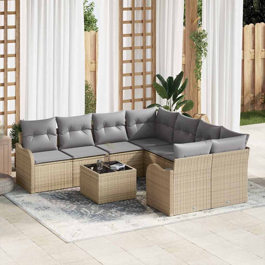 Havesofa Sæt 9 Dele Poly Rattan Og Stål Og Glas - beige og lysegrå