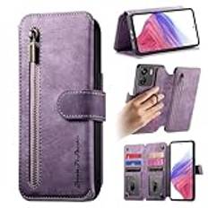 WOWUDI för Motorola Moto G45 / G34 Case,Plånbok Skal,[Kortplatser][Kickstand] 360 graders plånbok med dragkedja stöttåligt folio flipfodral Wallet Leather Cover- Purpur