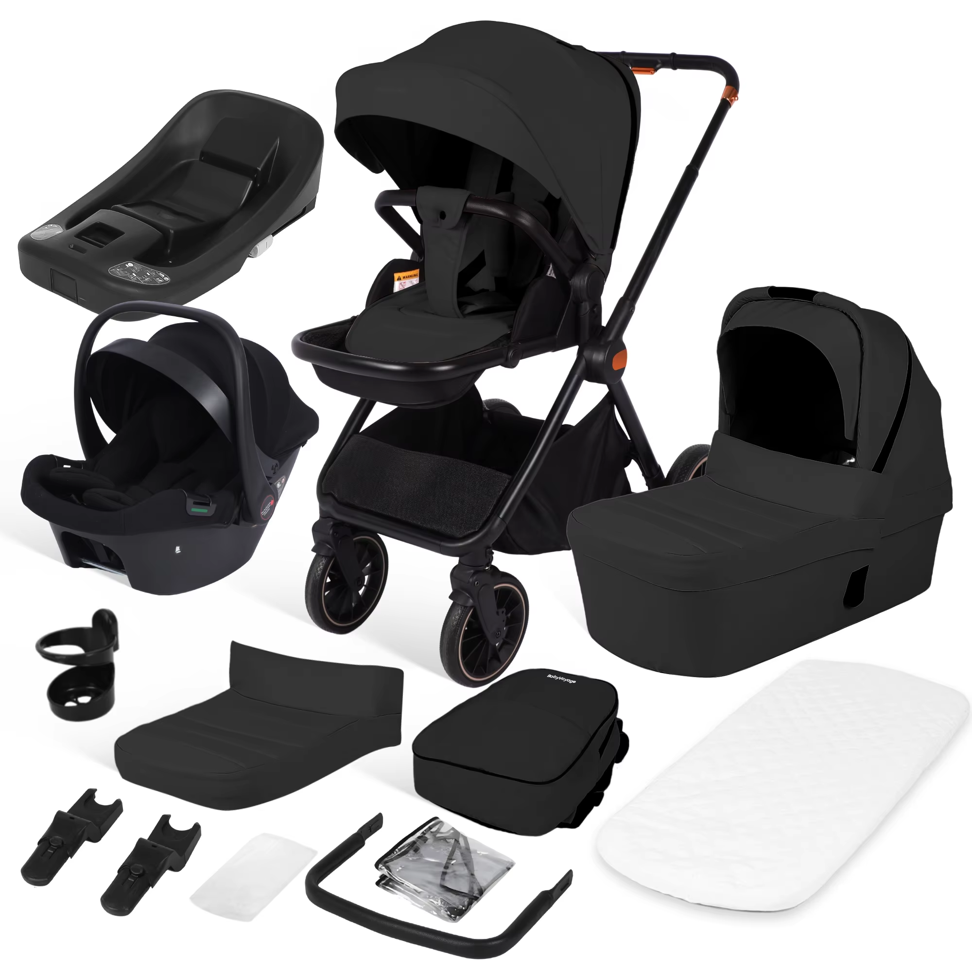 BabyVoyage 4-in-1 Baby Stroller Travel System with Car Seat, ISOFIX Base, High-View Newborn Pram, Bassinet, and 360° Reversible Foldable Design