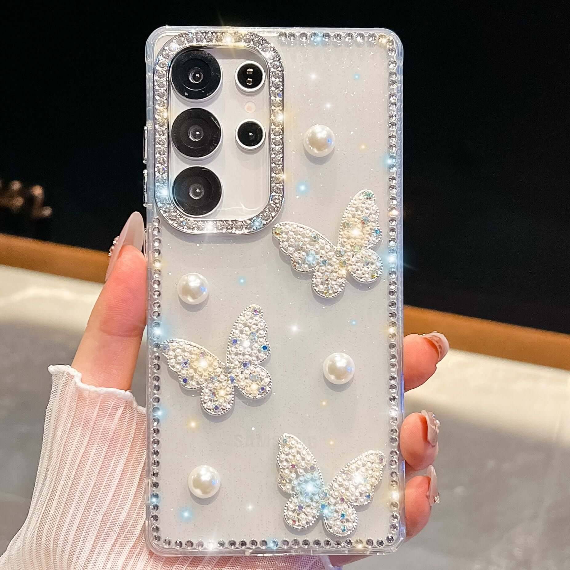 Glitter Powder Pearl Butterfly Rhinestone Phone Case - Glitter Transparent / Galaxy A56 5G