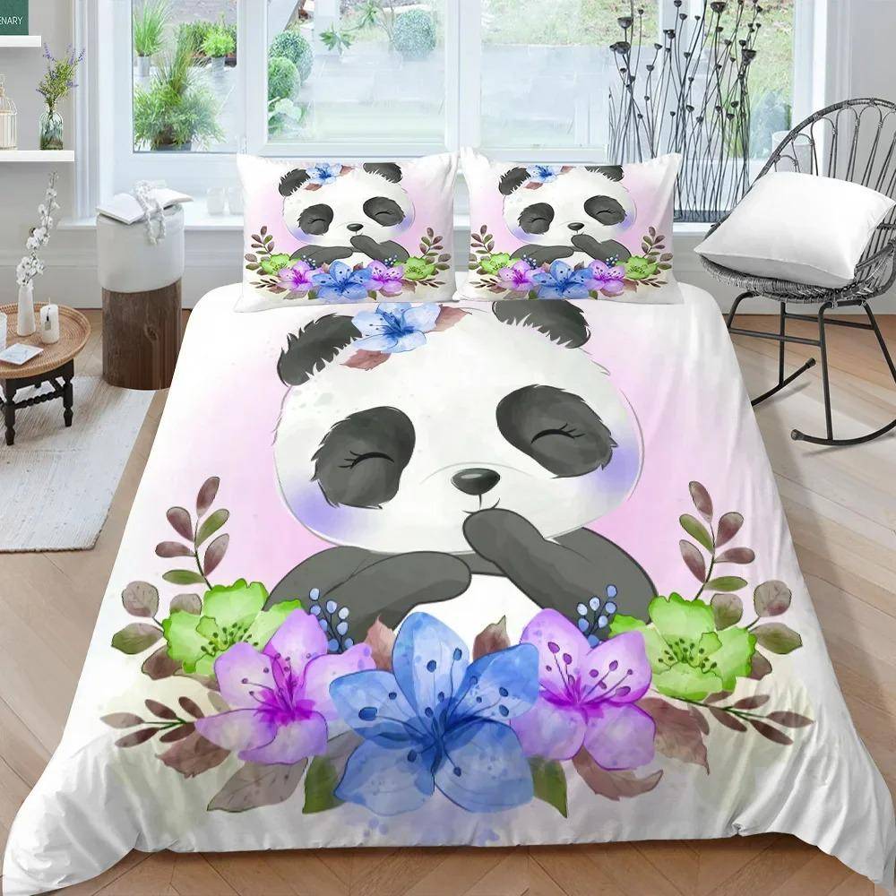 Panda Sängkläder Set för Barn Pojkar Flickor Söt Tecknad Jättepanda Påslakanset KingQueen Storlek Gul Mjuk Polyester Täcke EU SuperKing 260x220