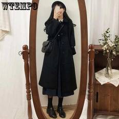 Women's Solid Woollen Coats Female Winter Korean Style Fashion X-Long Coats Lady Thickened Winter Casual Beige Black Coat XXXL