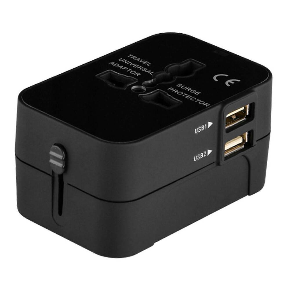 (Black) Universal International Travel Plug Adapter, Wall Charger Converter with 2 USB Ports, for Family Vacations
