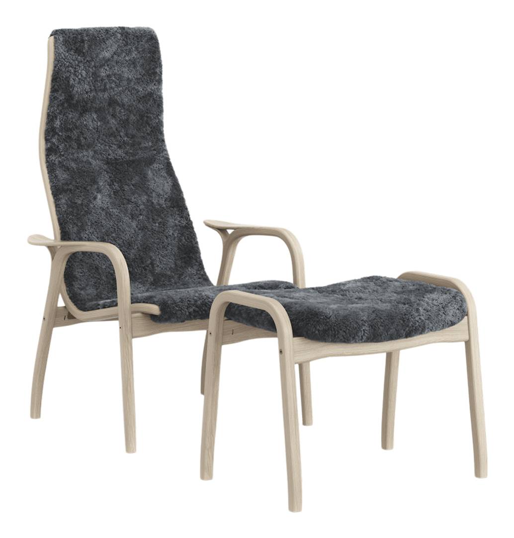 Lamino Fåtölj + Pall Ek Vitpigmenterad - Charcoal Fårskinn