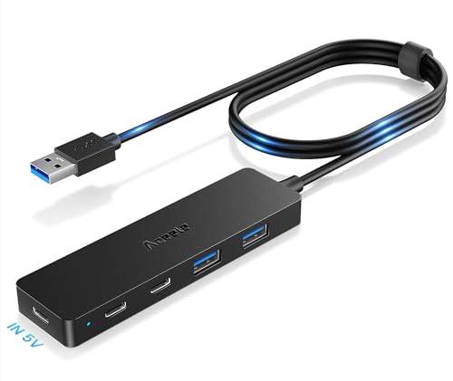 Aceele USB A 3.0 Hub med 2 USB-A-portar och 2 USB-C-portar, 5Gbps Hub USB med 120cm lång kabel, bärbar USB-multiportsplitter i plast för PC, bärbara datorer, Mac Pro/Air etc.