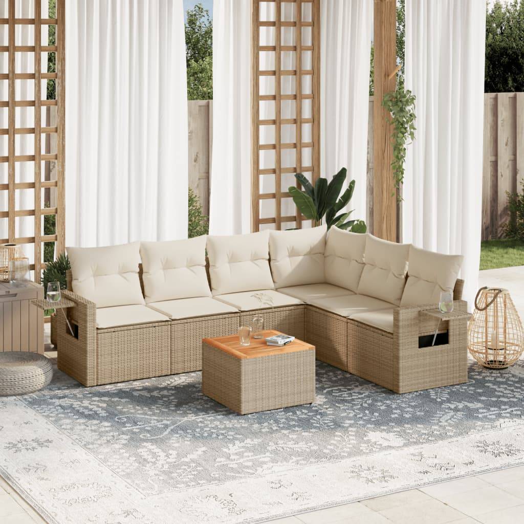 Sofasæt Til Haven 7 Dele Med Hynder Polyrattan - Beige / hjørnedel bord 3x midterdel lænestol