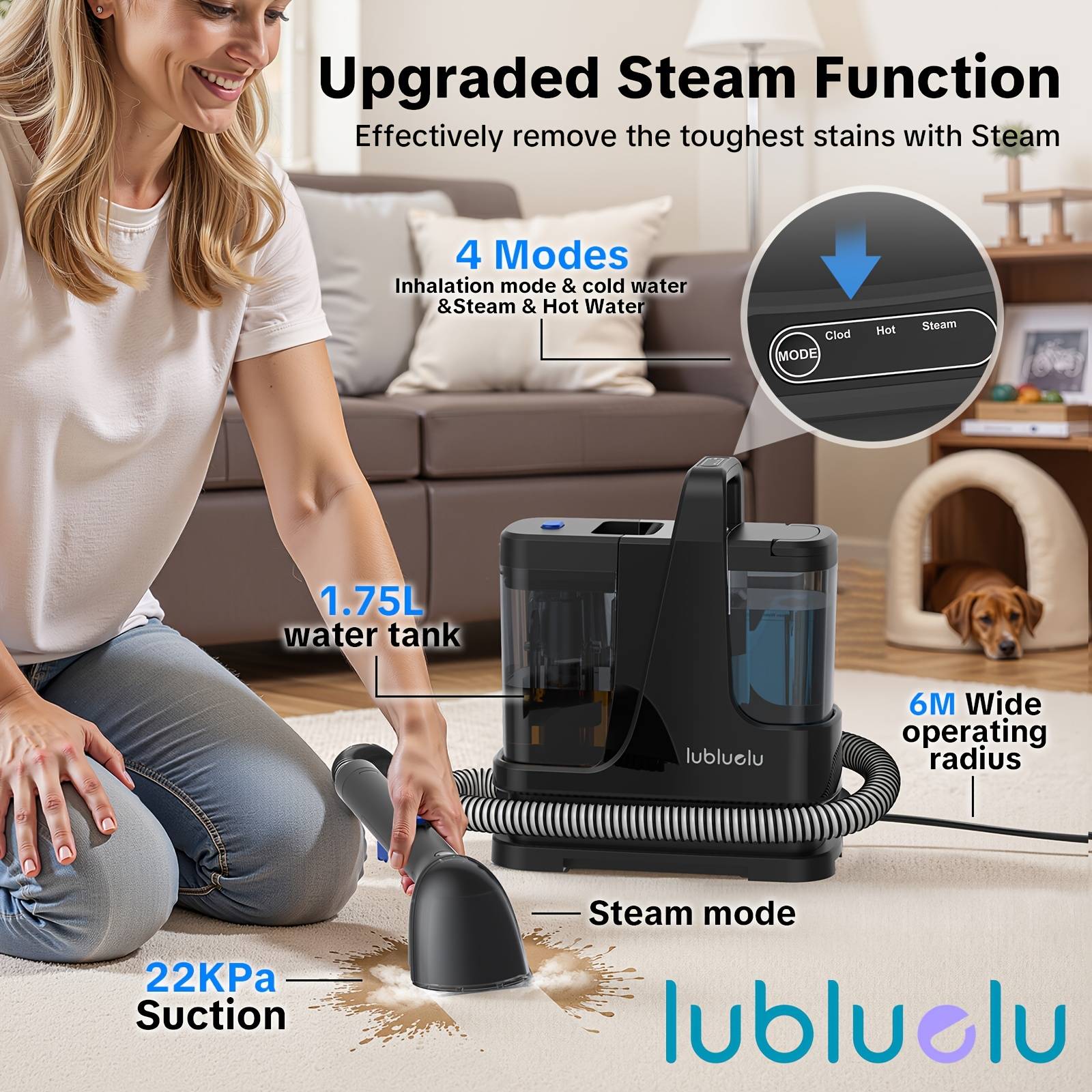 Lubluelu V9 Portable Carpet And Upholstery Spot Steam Cleaner, 22kpa Suction, 4 Cleaning , Stronger Cleaning , 1.75l Dual Water Tank, 6-meter Working , For Home, Rugs, Pets, Car Seats, Sofa, And Couch