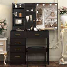 Aovquof Sminkbord med LED-belysning, 3 färger med justerbar ljusstyrka, toalettbord med spegel för make-up, sminkbord med spegel, svart M28