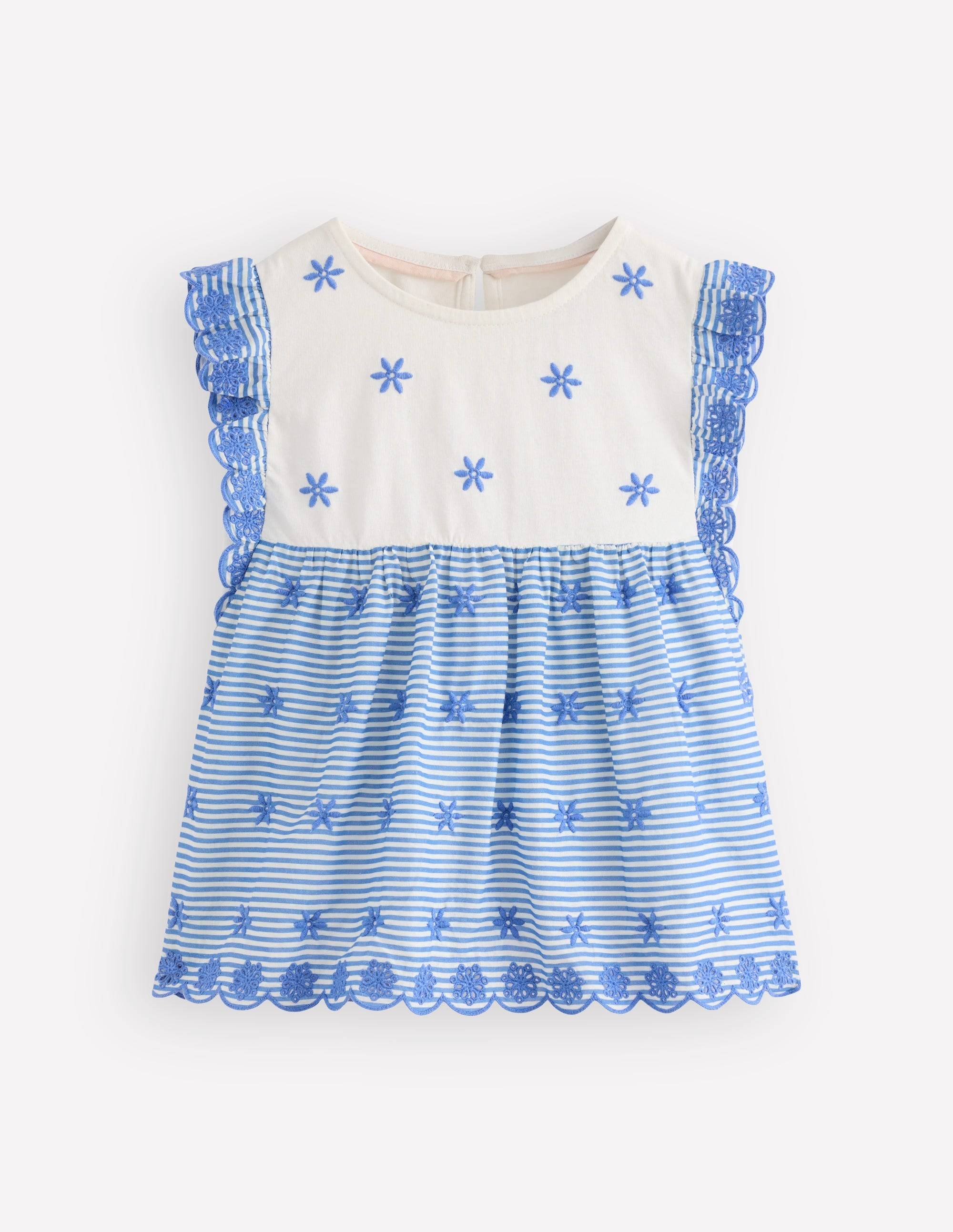 Boden Girls Fabric Mix Broderie Top in Blue | Size 12-13 Years