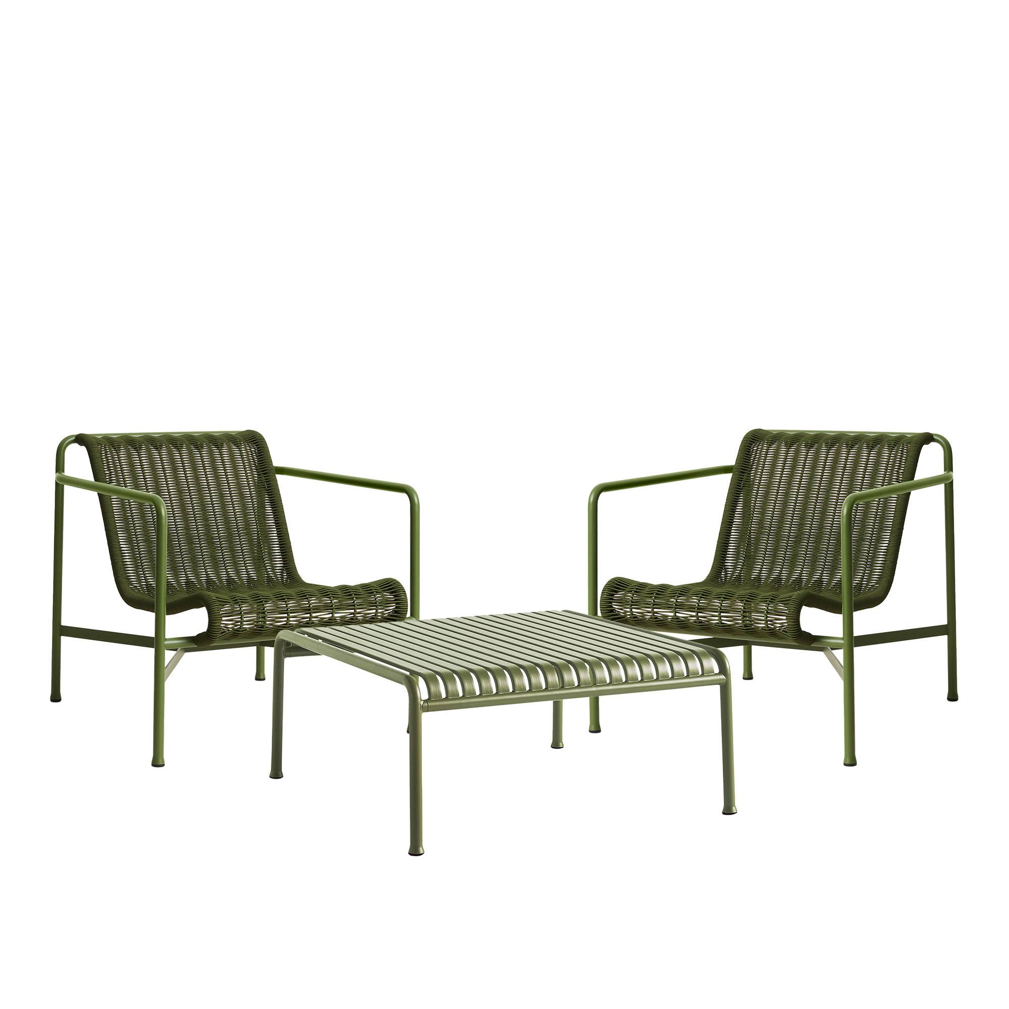 HAY - Palissade cord loungegrupp med 2 stolar & lågt trädgårdsbord olive - Loungegrupper utomhus
