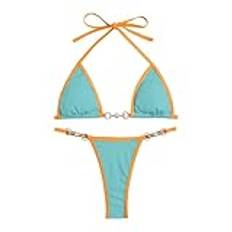 Bikini dam sexig string triangel bikini baddräkt halterneck justerbar badkläder botten snörning tvådelad baddräkt med ring, Orange, XL