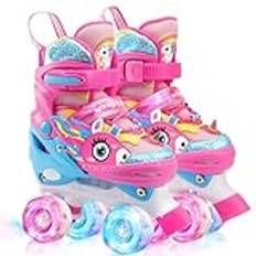 Unicorn rullskridskor för barn för flickor Pojkar skridskor för barn med självlysande hjul Storlekar Justerbara Quad rullskridskor för nybörjare Födelsedags- och julklappar (Rosa, XS(26~29))