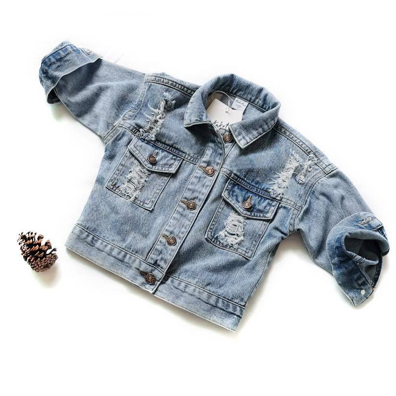 Vår höst barn jacka för flickor slitna hål barn jeans kappor pojkar tjejer demin ytterkläder kostym 24m-7y - 3t