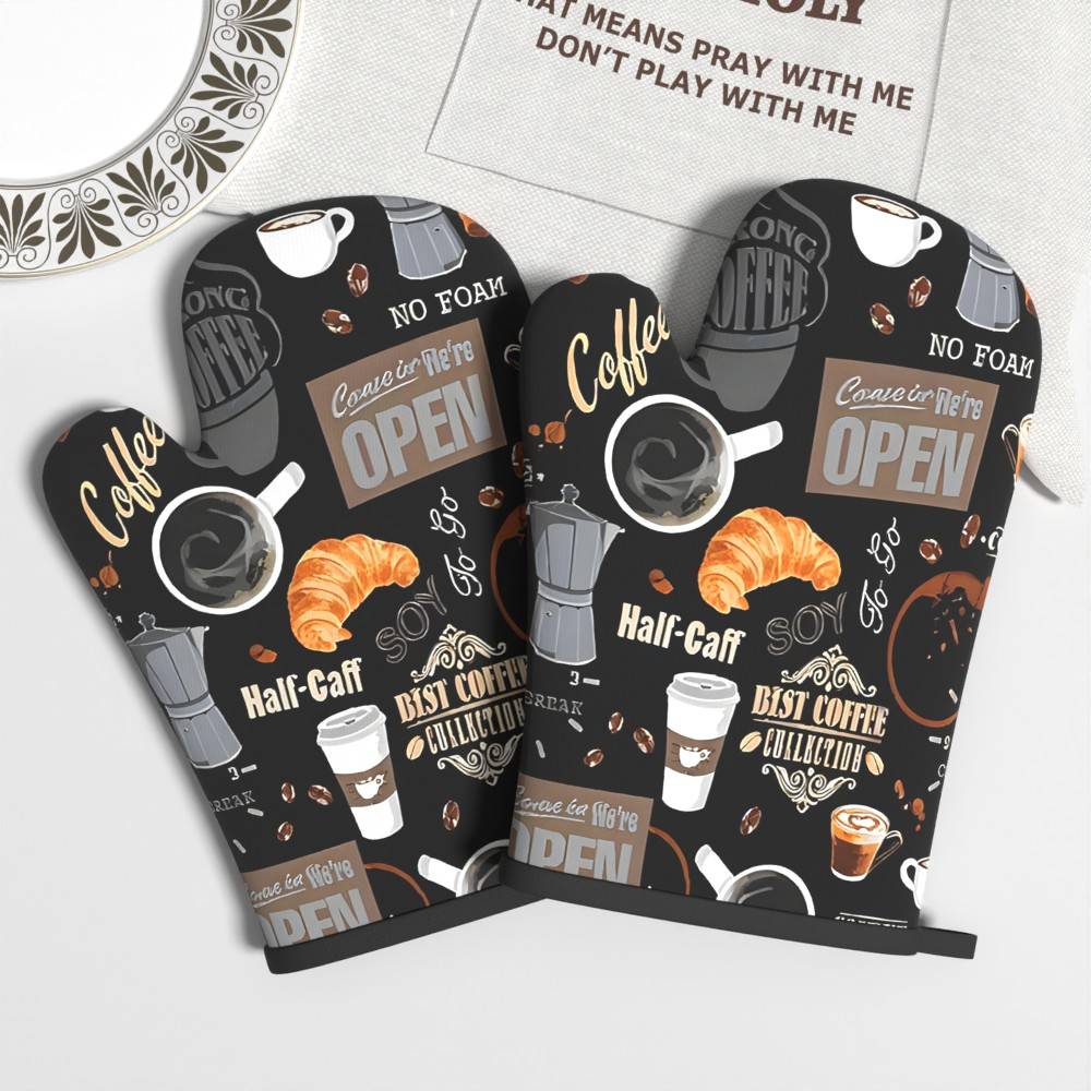 2pcs 10.6*6.7in Coffee Pattern Oven Mitts Heat Resistant Non Slip Elegant Classic Tones Top Quality Baking Present For Daily Kitchen Oven Air Fryer Microwave Kitchen Decor Cooking Baking Camping Qi